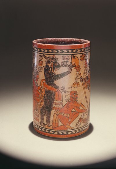 Vessel depicting a priest blessing a warrior by Mayan